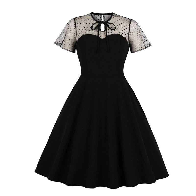 IWEMEK Women's Vintage Illusion Polka Dot Embroidery Keyhole Tie 1950s A-line Cocktail Dress 50s 60s Retro Summer Evening Party Wedding Formal Prom Dance Swing Dresses Black Large - Image 1